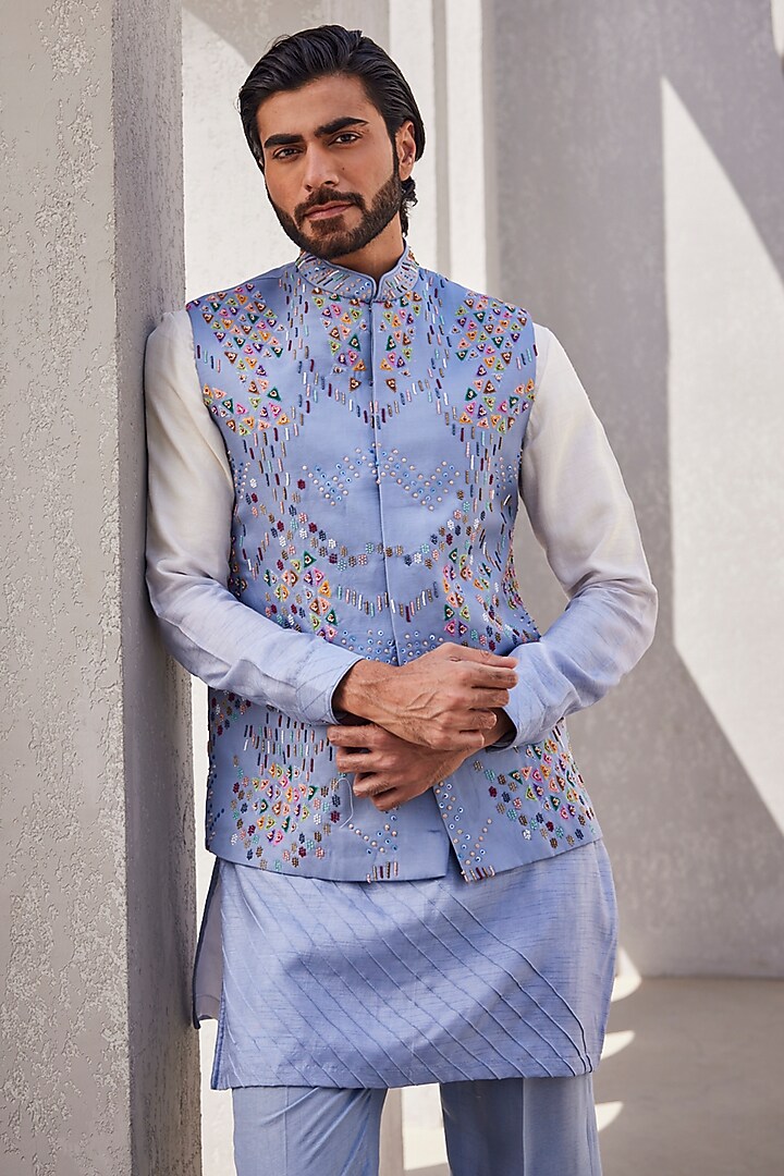 Ice Blue Ombre Silk Wedding Indowestern Set by YAJY By Aditya Jain at Pernia's Pop Up Shop