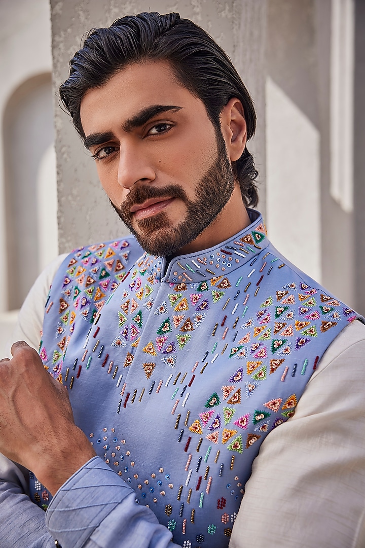 Ice Blue Ombre Silk Wedding Indowestern Set by YAJY By Aditya Jain at Pernia's Pop Up Shop