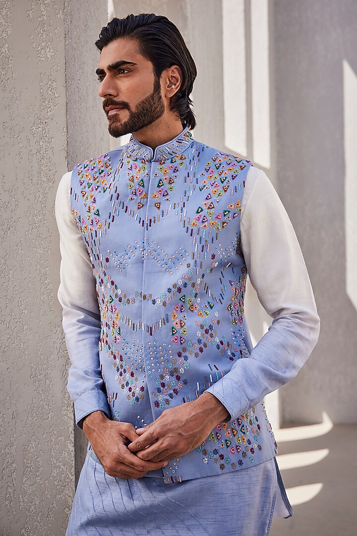 Ice Blue Ombre Silk Wedding Indowestern Set by YAJY By Aditya Jain at Pernia's Pop Up Shop