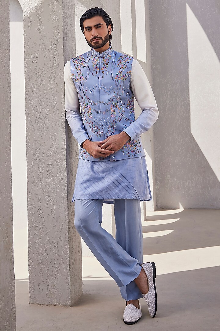 Ice Blue Ombre Silk Wedding Indowestern Set by YAJY By Aditya Jain at Pernia's Pop Up Shop
