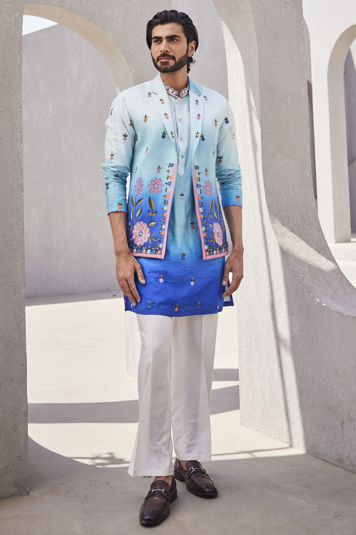 Sea Blue Ombre Silk Indowestern Set by YAJY By Aditya Jain