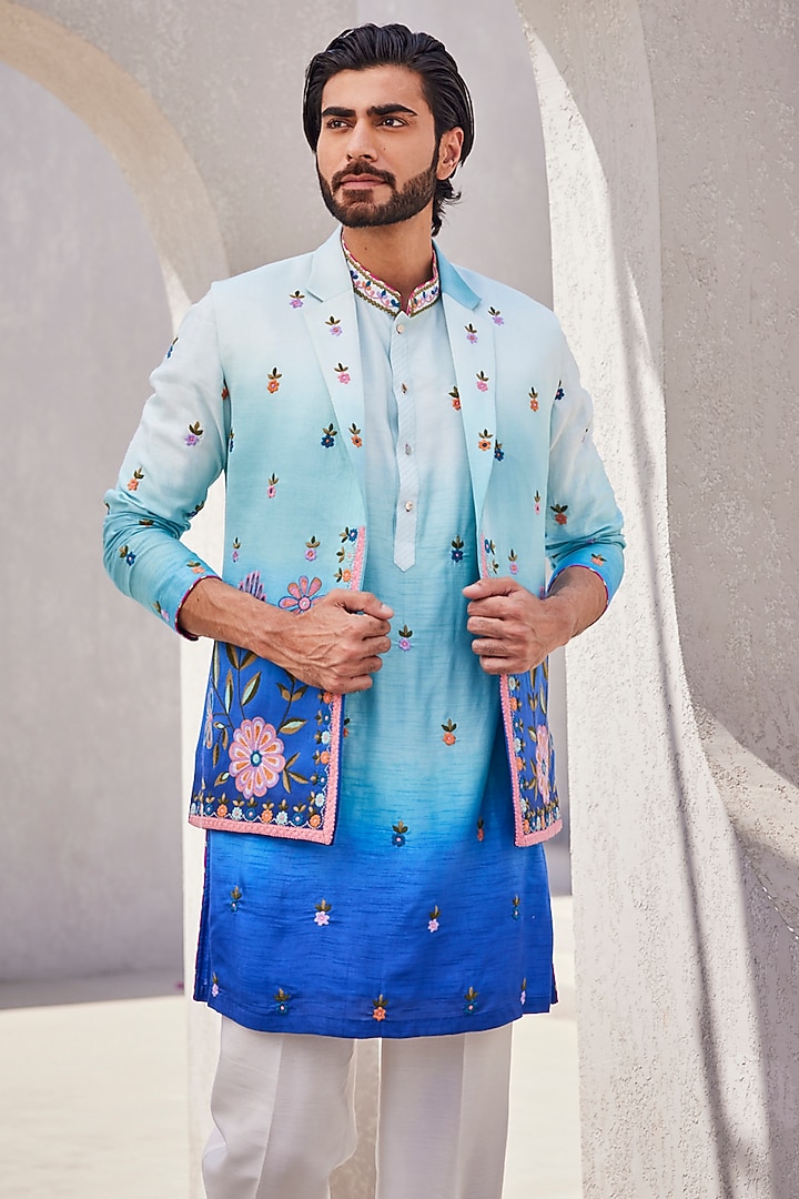 Sea Blue Ombre Silk Wedding Indowestern Set by YAJY By Aditya Jain at Pernia's Pop Up Shop