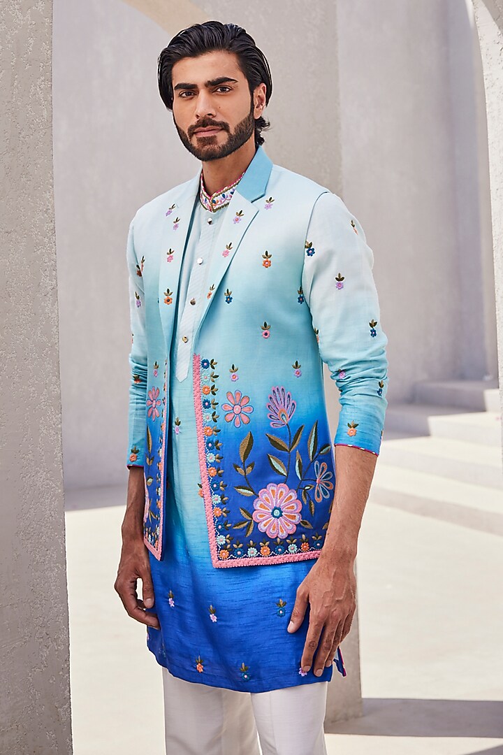 Sea Blue Ombre Silk Wedding Indowestern Set by YAJY By Aditya Jain at Pernia's Pop Up Shop