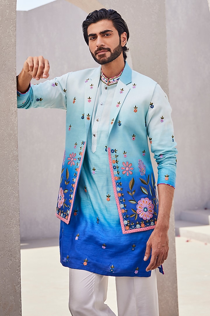 Sea Blue Ombre Silk Wedding Indowestern Set by YAJY By Aditya Jain at Pernia's Pop Up Shop