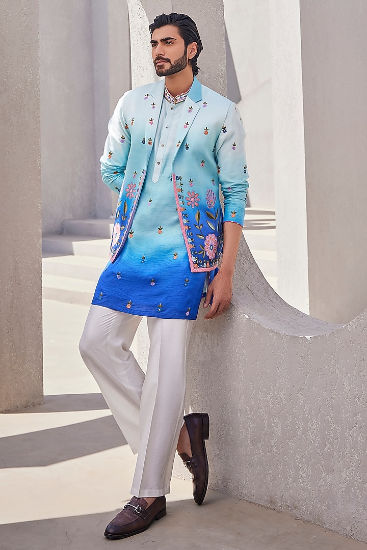 Sea Blue Ombre Silk Wedding Indowestern Set by YAJY By Aditya Jain at Pernia's Pop Up Shop