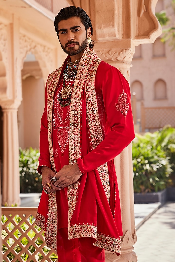 Red Silk Kurta Set by YAJY By Aditya Jain at Pernia's Pop Up Shop
