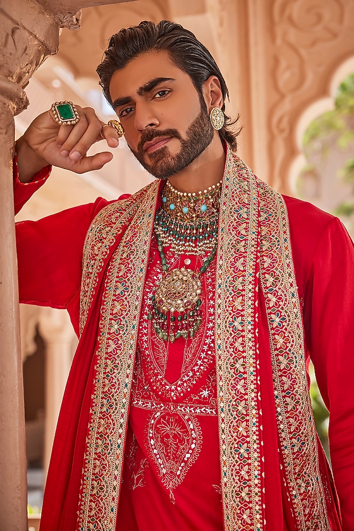 Red Silk Kurta Set by YAJY By Aditya Jain at Pernia's Pop Up Shop