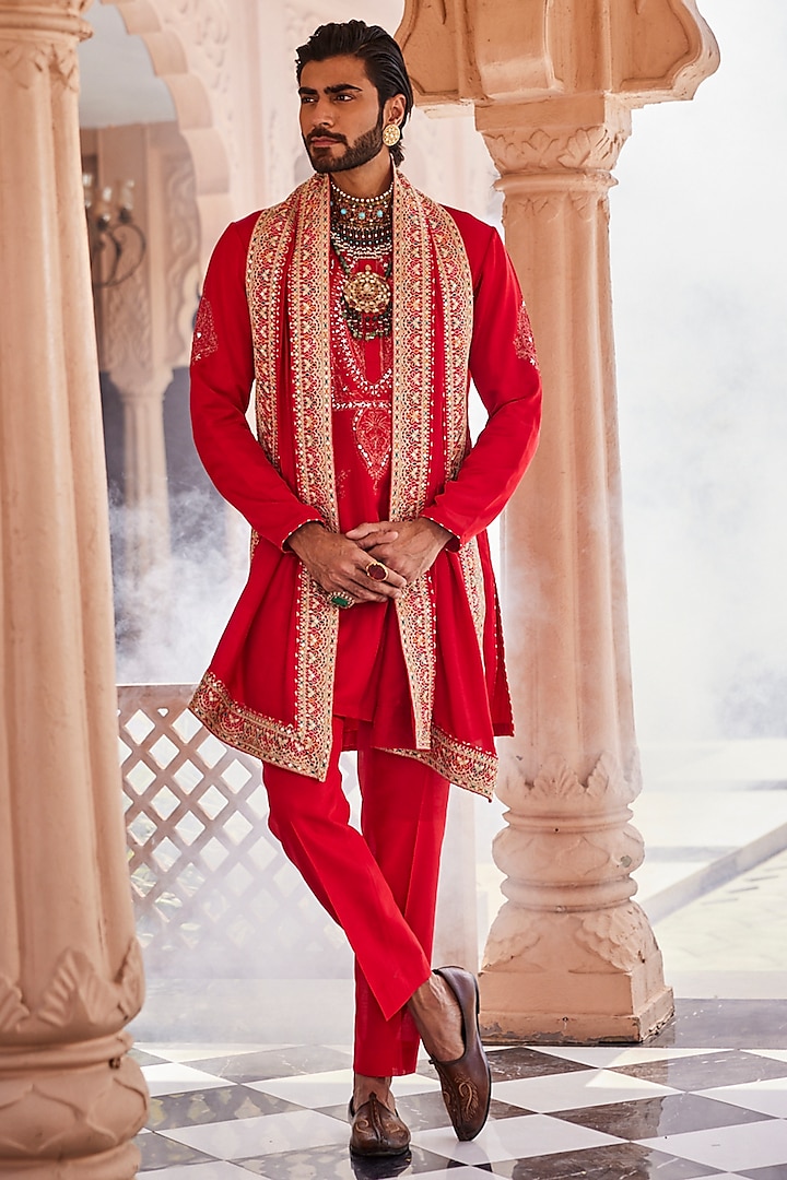 Red Silk Kurta Set by YAJY By Aditya Jain at Pernia's Pop Up Shop