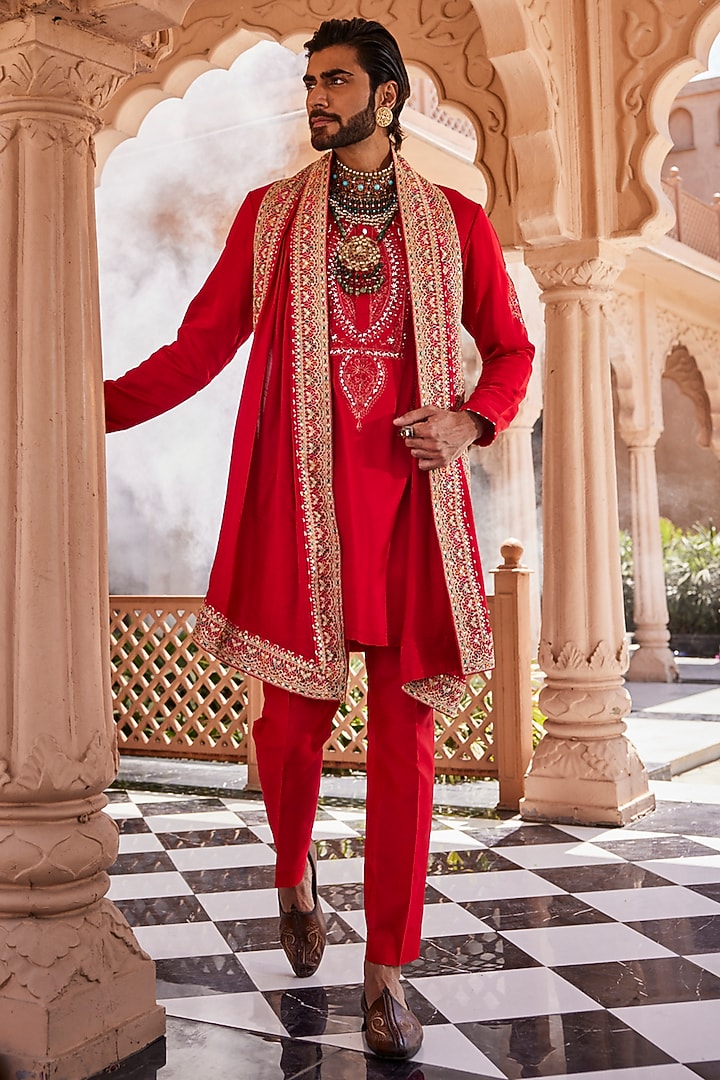 Red Silk Kurta Set by YAJY By Aditya Jain at Pernia's Pop Up Shop