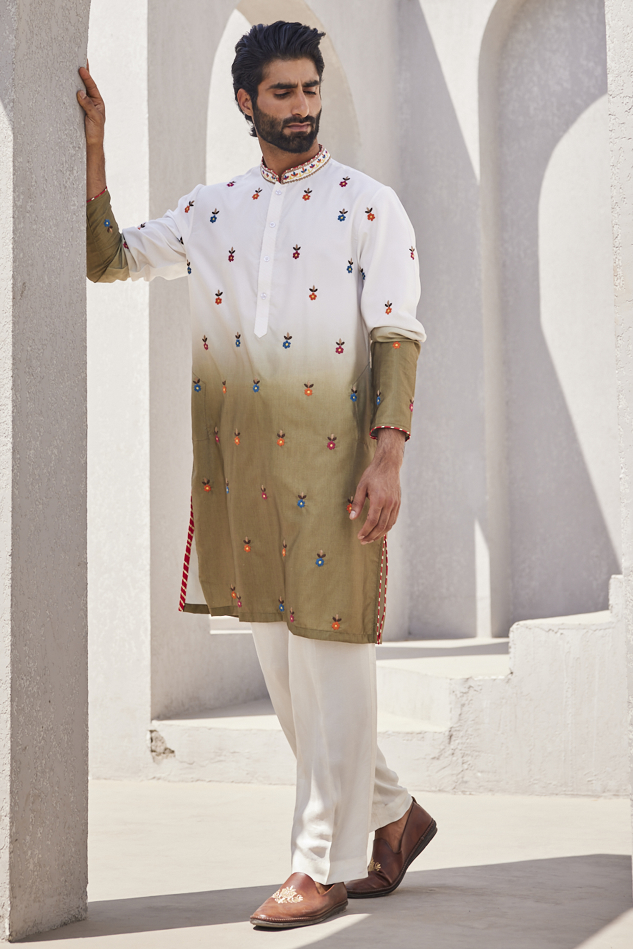 White & Olive Green Ombre Silk Kurta Set by YAJY By Aditya Jain