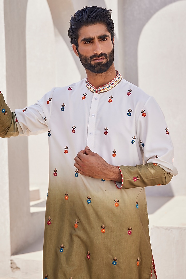 White & Olive Green Ombre Silk Kurta Set by YAJY By Aditya Jain at Pernia's Pop Up Shop