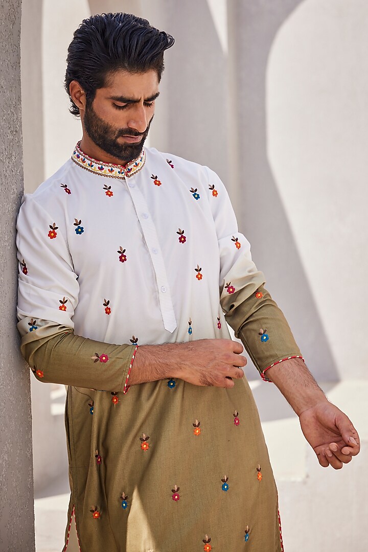 White & Olive Green Ombre Silk Kurta Set by YAJY By Aditya Jain at Pernia's Pop Up Shop