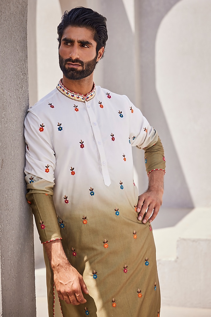 White & Olive Green Ombre Silk Kurta Set by YAJY By Aditya Jain at Pernia's Pop Up Shop