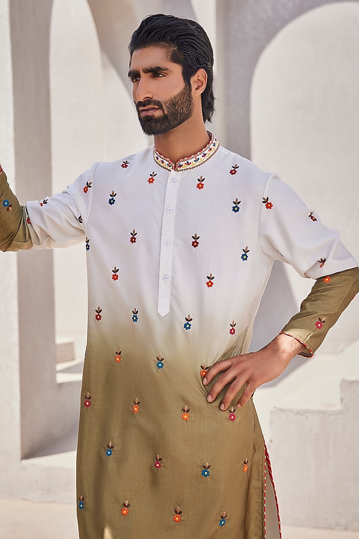 White & Olive Green Ombre Silk Kurta Set by YAJY By Aditya Jain at Pernia's Pop Up Shop