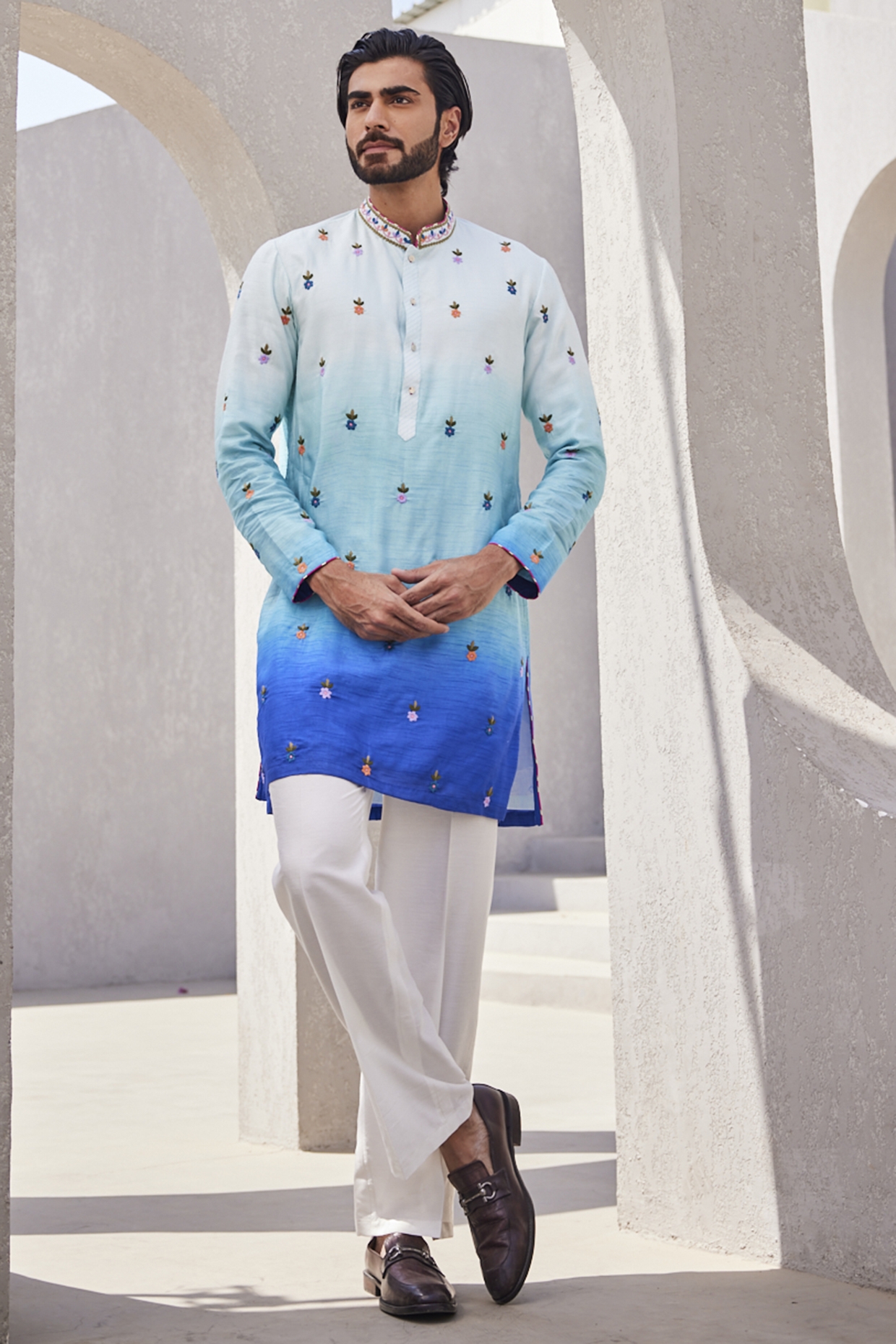 Sea Blue Ombre Silk Kurta Set by YAJY By Aditya Jain