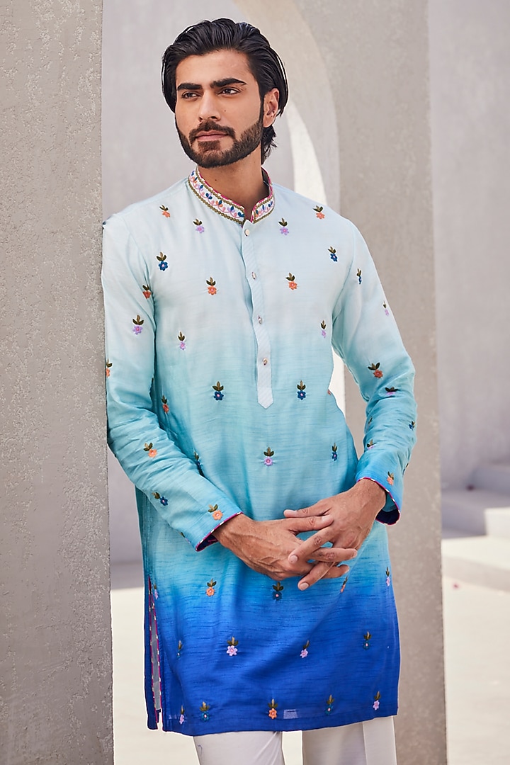 Sea Blue Ombre Silk Kurta Set by YAJY By Aditya Jain at Pernia's Pop Up Shop