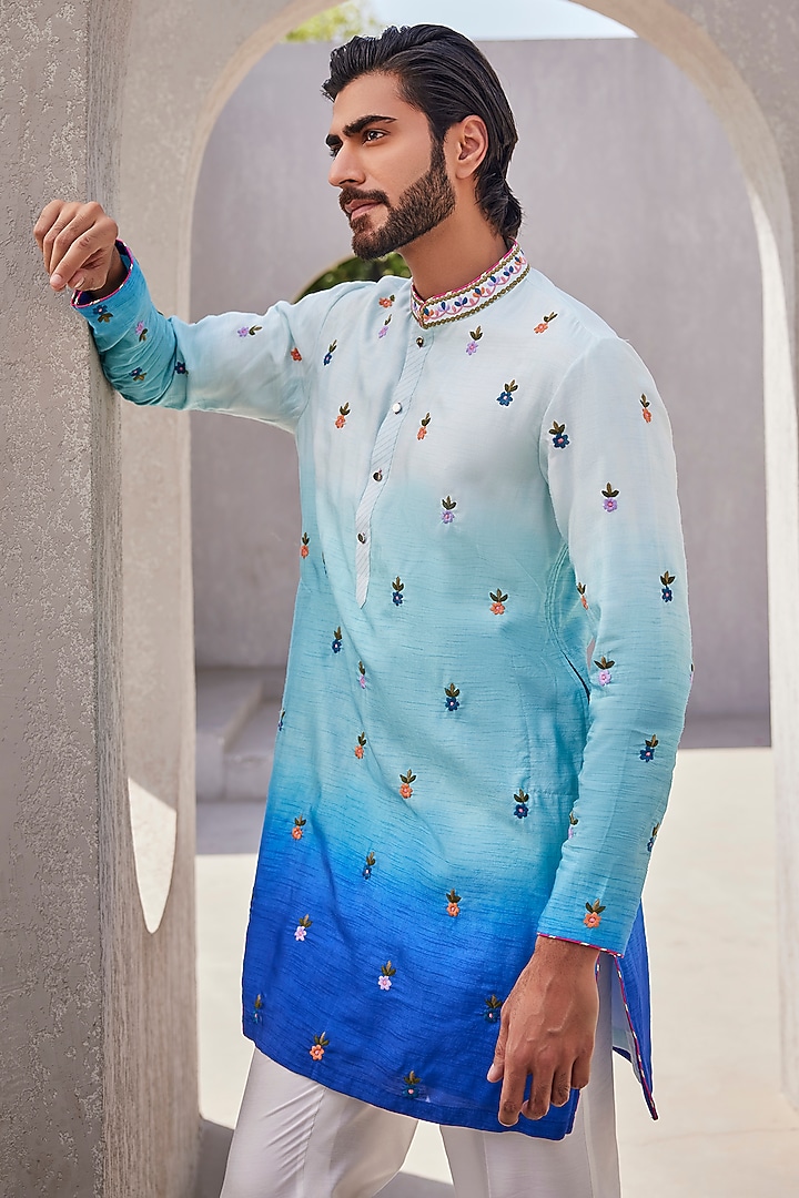 Sea Blue Ombre Silk Kurta Set by YAJY By Aditya Jain at Pernia's Pop Up Shop