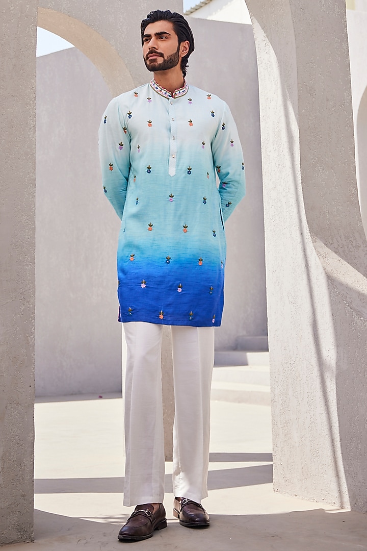 Sea Blue Ombre Silk Kurta Set by YAJY By Aditya Jain at Pernia's Pop Up Shop