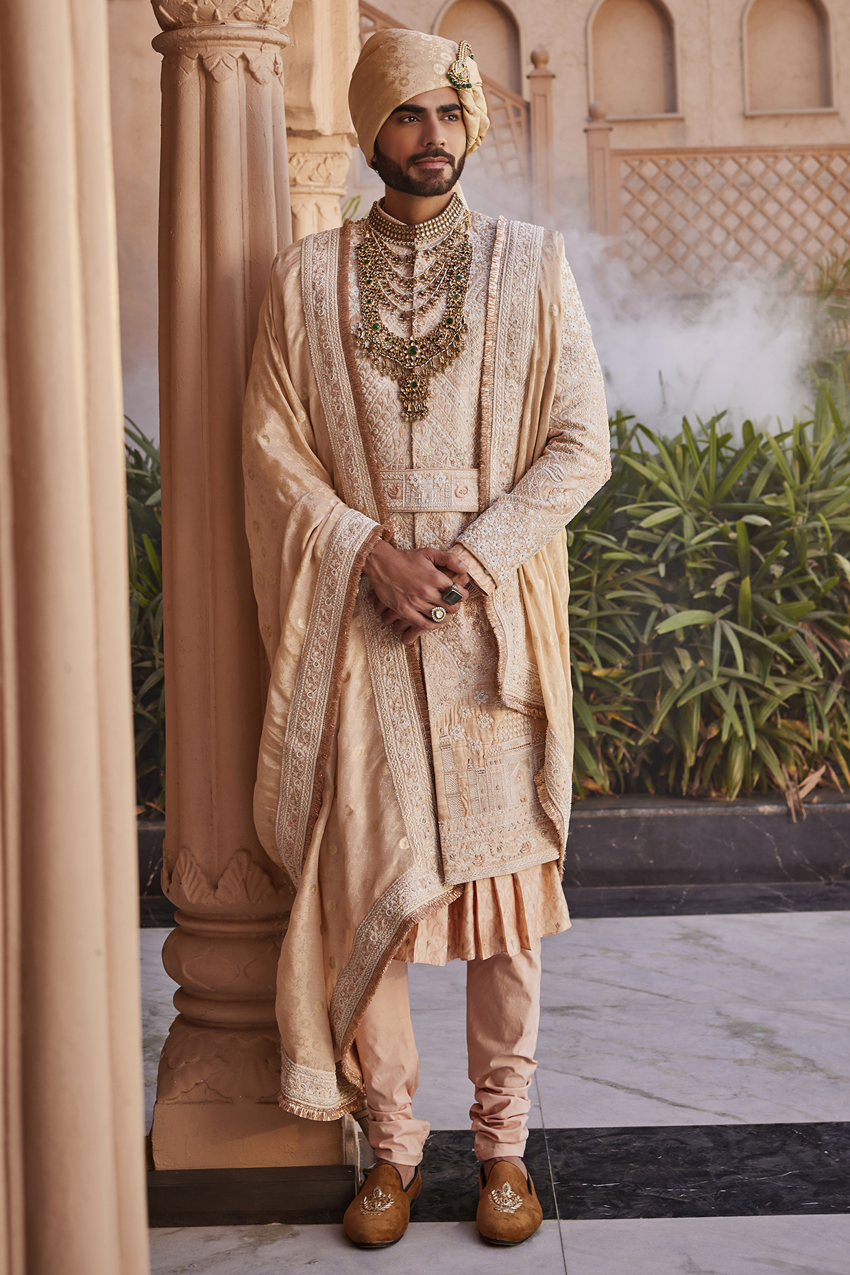 Rose Gold Silk Resham Embroidered Sherwani Set by YAJY By Aditya Jain