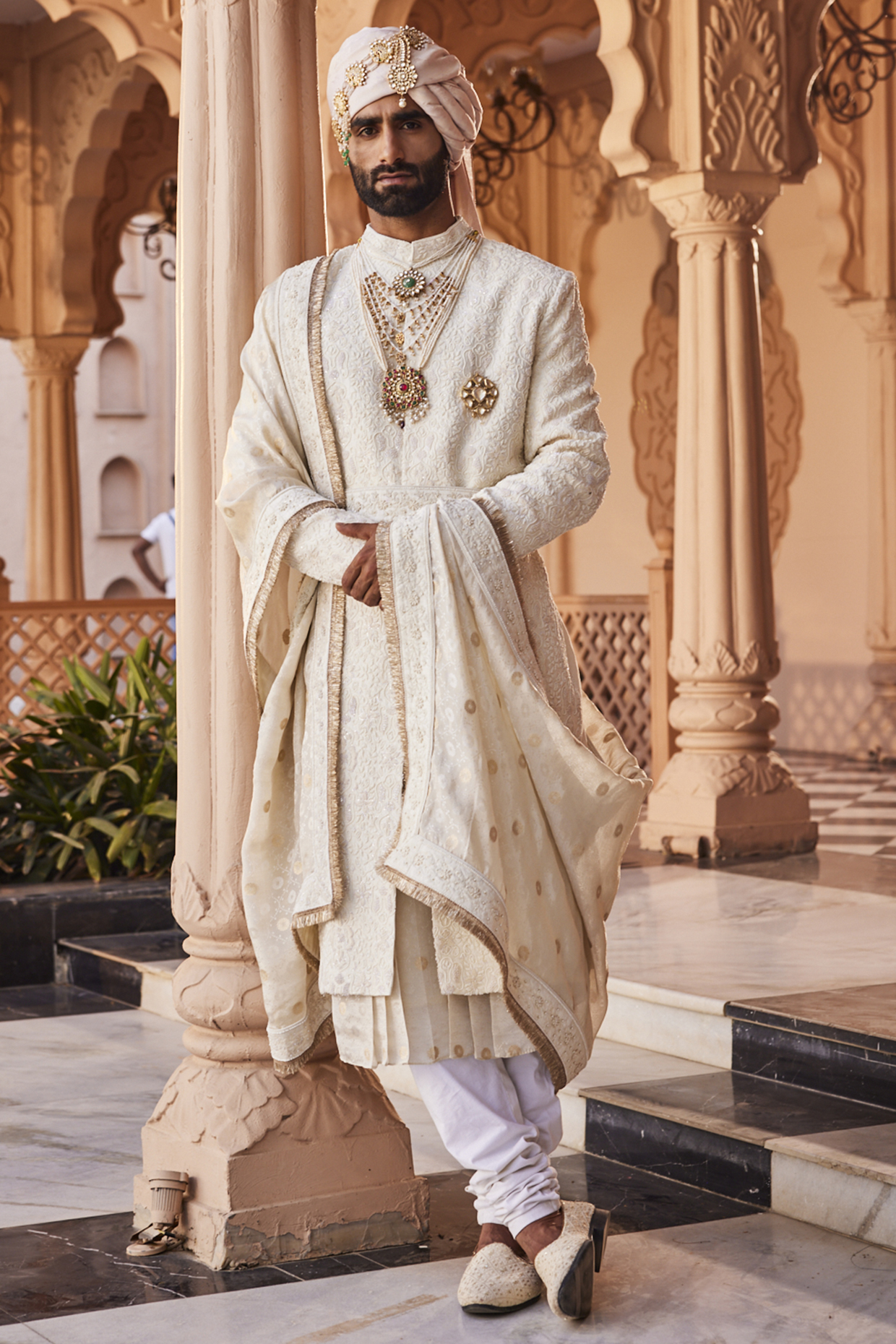 Ivory Silk Resham Motifs Embroidered Sherwani Set by YAJY By Aditya Jain