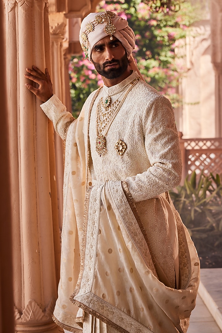 Ivory Silk Resham Motifs Embroidered Groom Sherwani Set by YAJY By Aditya Jain at Pernia's Pop Up Shop