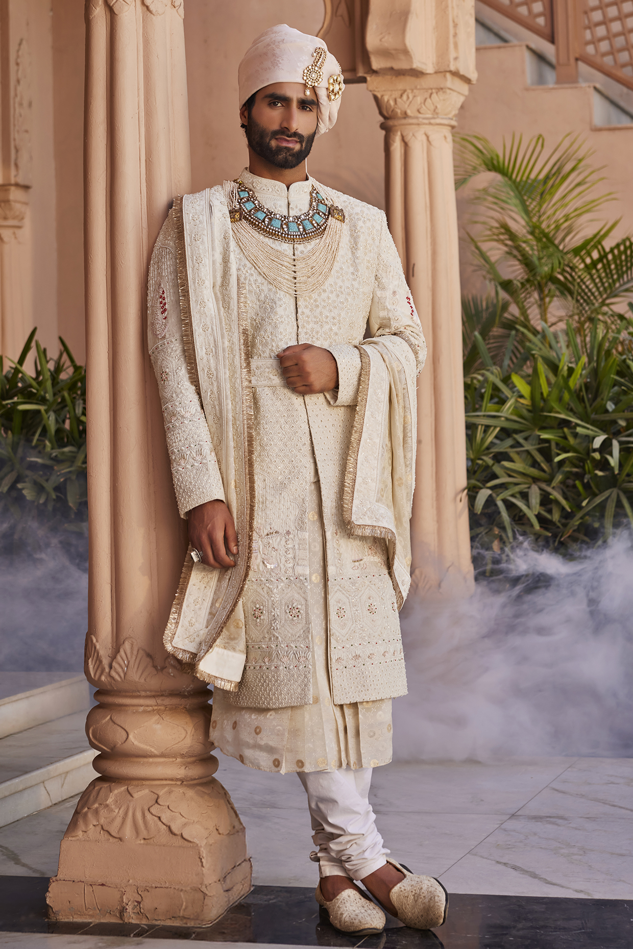 Ivory Silk Motif Embroidered Sherwani Set by YAJY By Aditya Jain