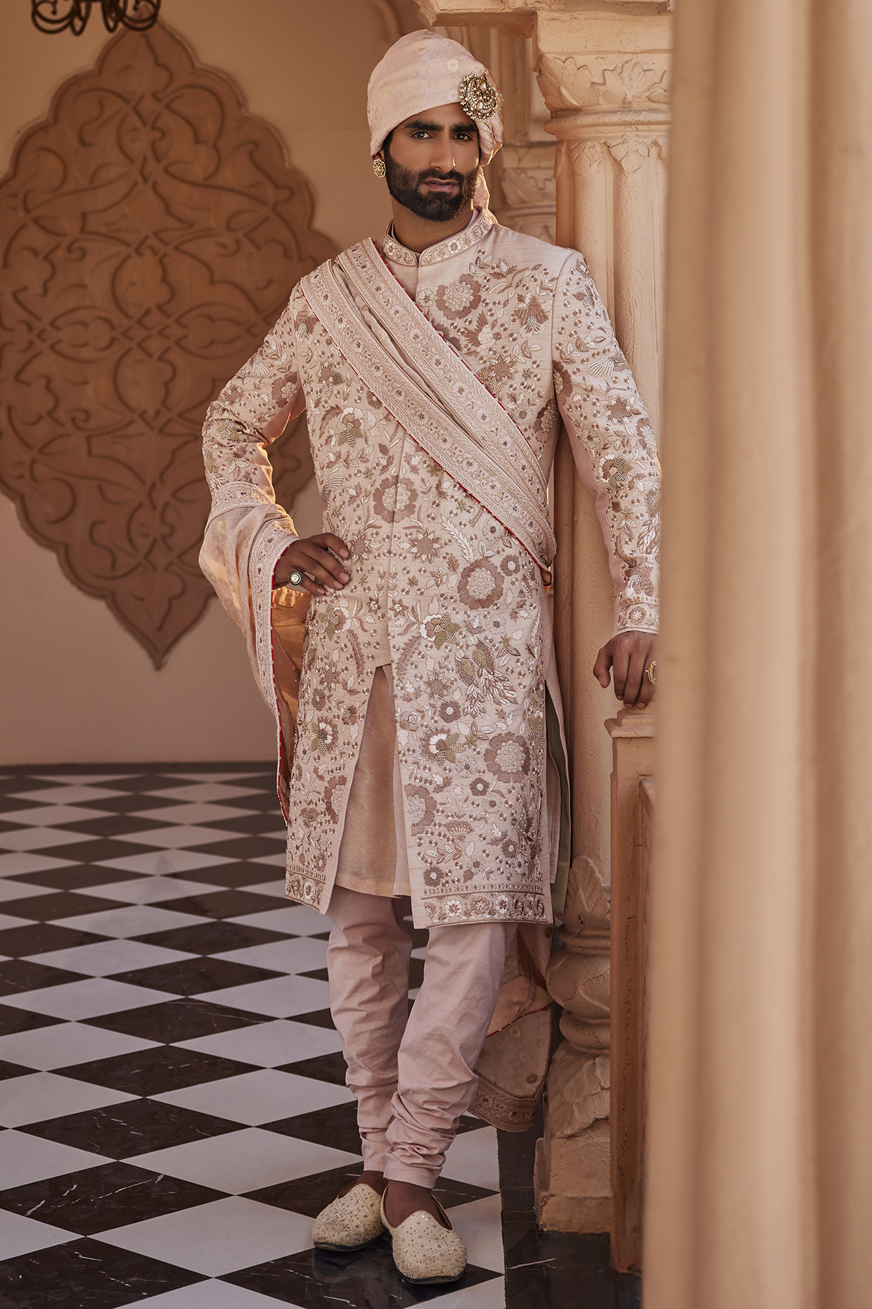 Rose Gold-Pink Silk Resham Embroidered Sherwani Set by YAJY By Aditya Jain