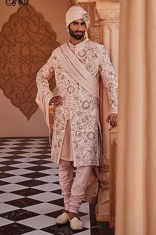 Rose Gold-Pink Silk Resham Embroidered Sherwani Set by YAJY By Aditya Jain