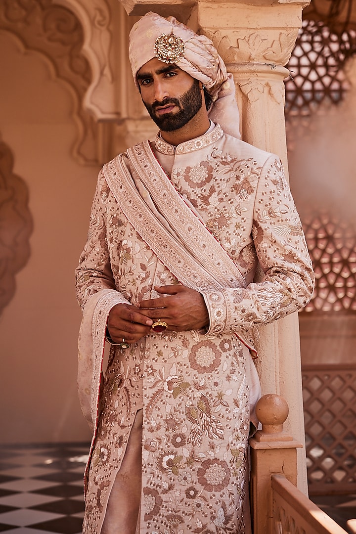 Rose Gold-Pink Silk Resham Embroidered Groom Sherwani Set by YAJY By Aditya Jain at Pernia's Pop Up Shop