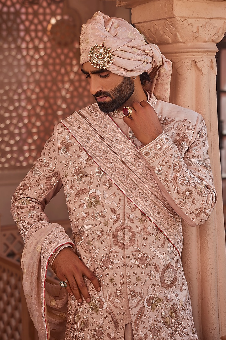Rose Gold-Pink Silk Resham Embroidered Groom Sherwani Set by YAJY By Aditya Jain at Pernia's Pop Up Shop