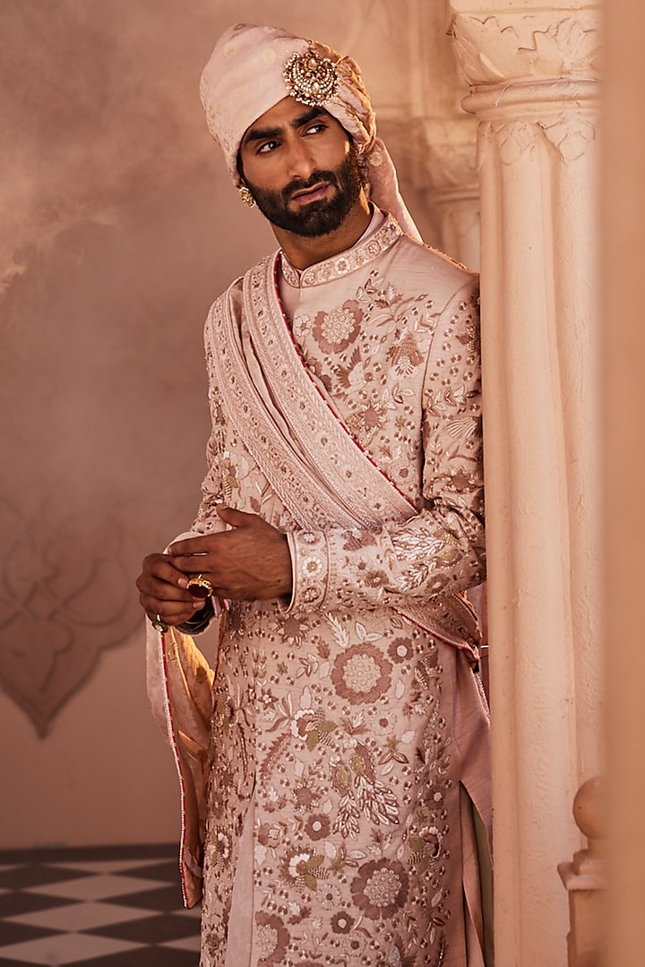 Rose Gold-Pink Silk Resham Embroidered Groom Sherwani Set by YAJY By Aditya Jain at Pernia's Pop Up Shop