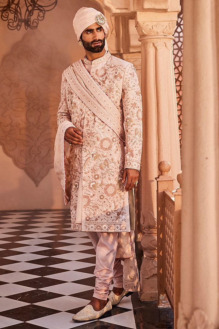 Rose Gold-Pink Silk Resham Embroidered Groom Sherwani Set by YAJY By Aditya Jain at Pernia's Pop Up Shop
