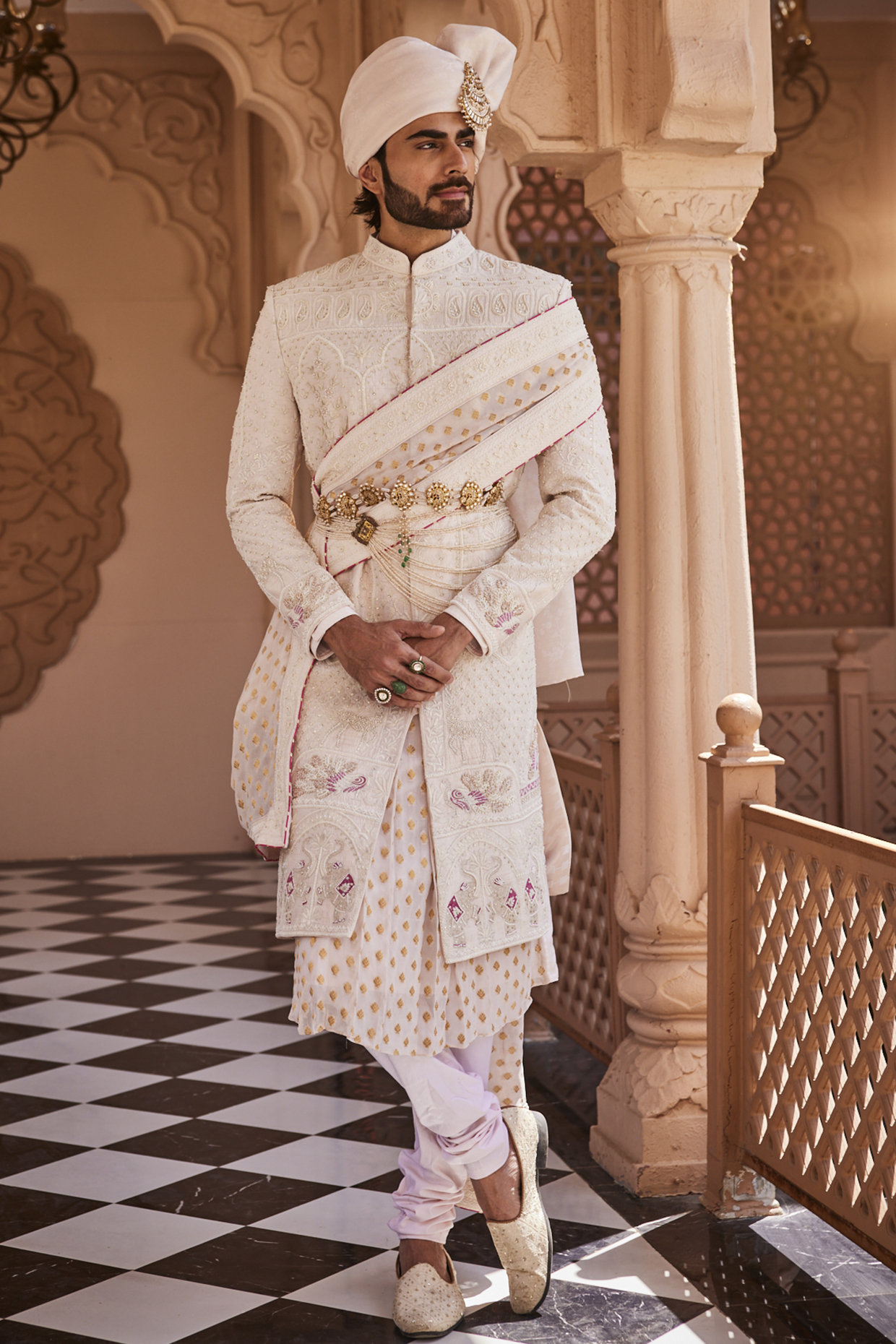 Rose Petal Pink Silk Resham Embroidered Sherwani Set by YAJY By Aditya Jain