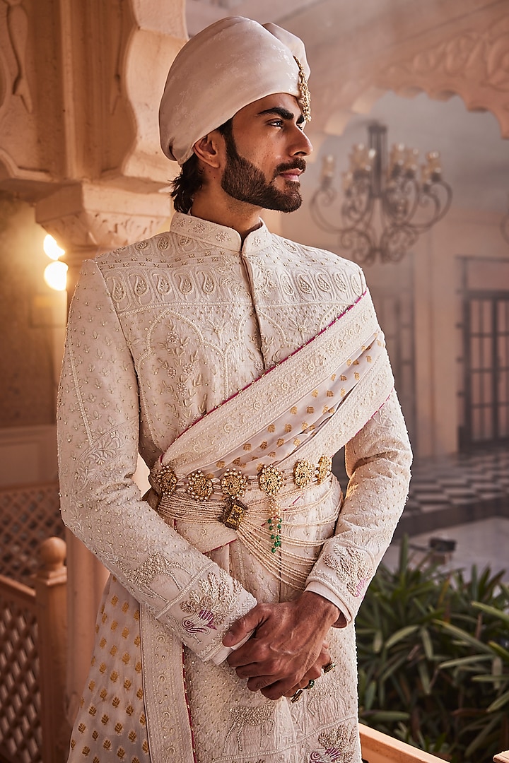Rose Petal Pink Silk Resham Embroidered Groom Sherwani Set by YAJY By Aditya Jain at Pernia's Pop Up Shop