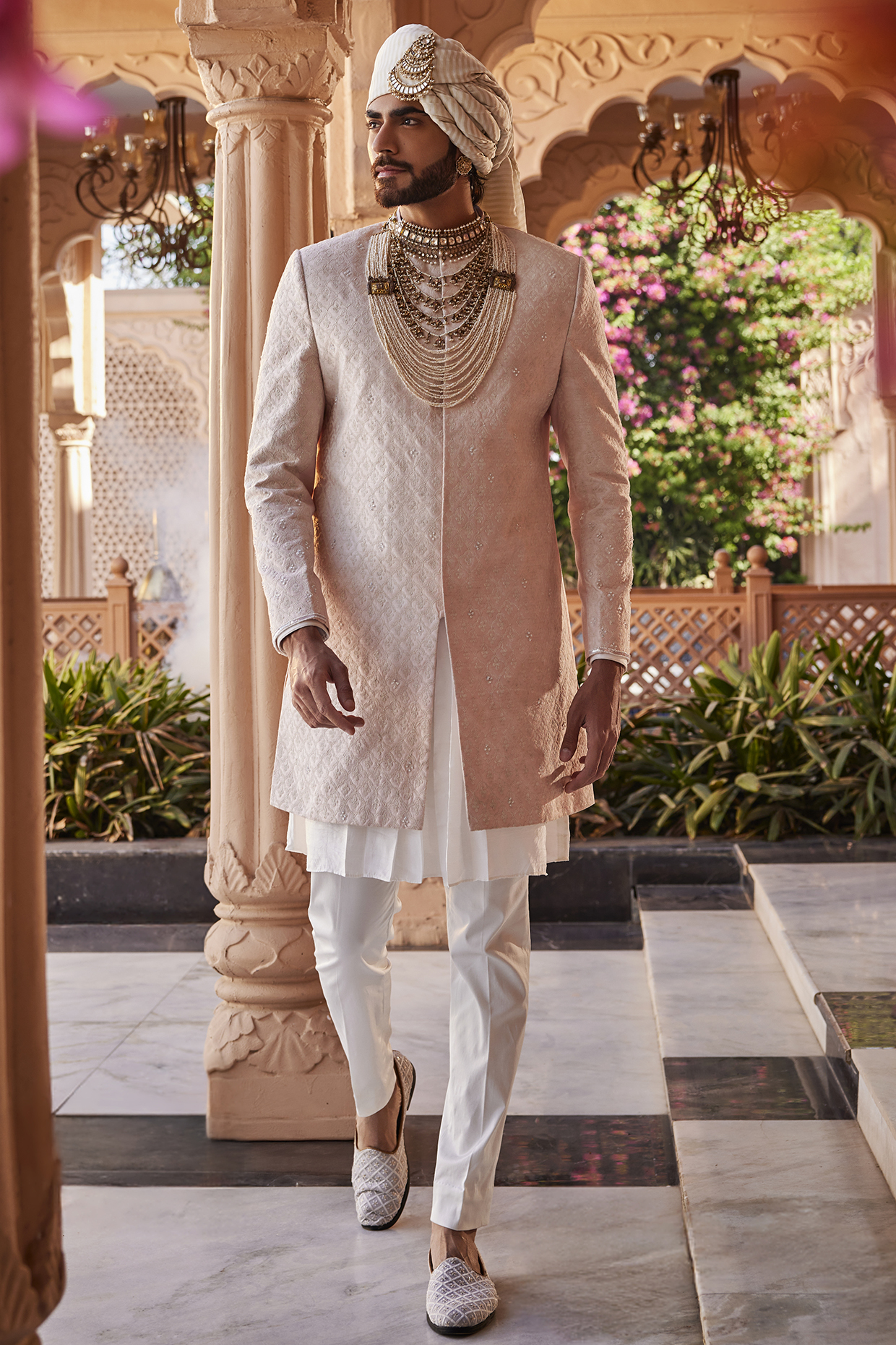 Rose Petal Pink Silk Resham Embroidered Sherwani Set by YAJY By Aditya Jain