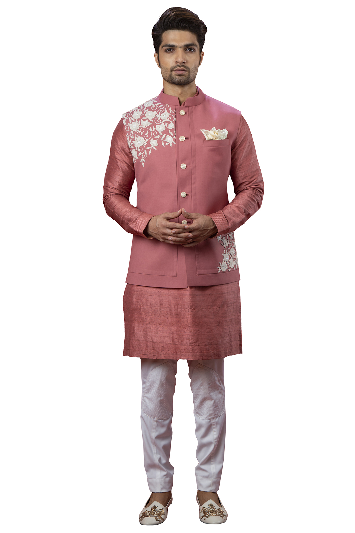Pink Italian Suiting Embroidered Nehru Jacket Set by YAJY By Aditya Jain at Pernia's Pop Up Shop