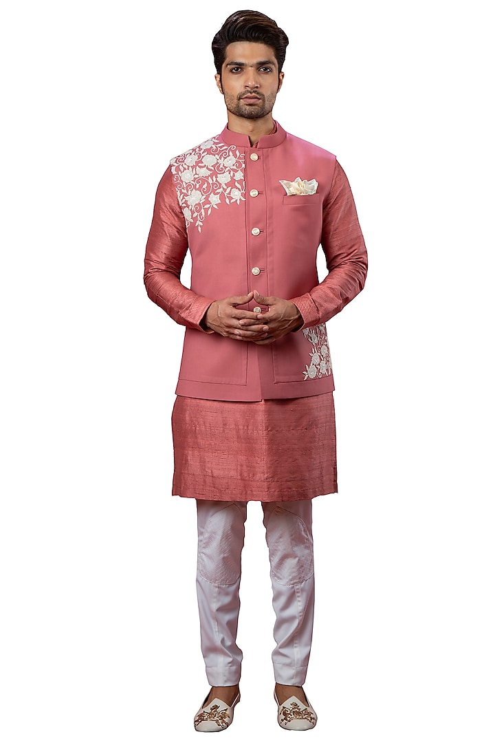 Pink Italian Suiting Embroidered Nehru Jacket Set by YAJY By Aditya Jain at Pernia's Pop Up Shop
