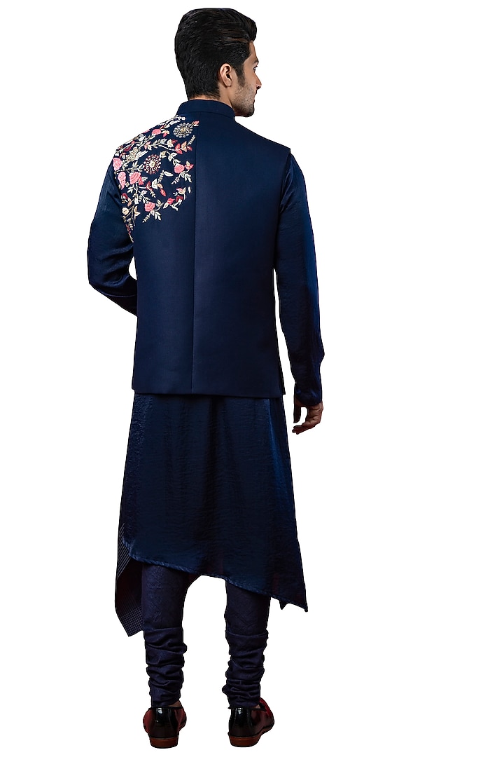 Blue Italian Suiting Motifs Embroidered Nehru Jacket by YAJY By Aditya Jain at Pernia's Pop Up Shop