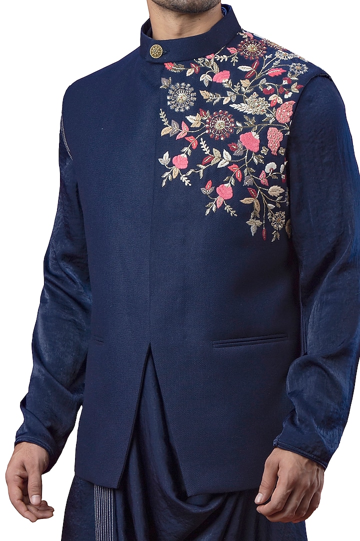 Blue Italian Suiting Motifs Embroidered Nehru Jacket by YAJY By Aditya Jain at Pernia's Pop Up Shop