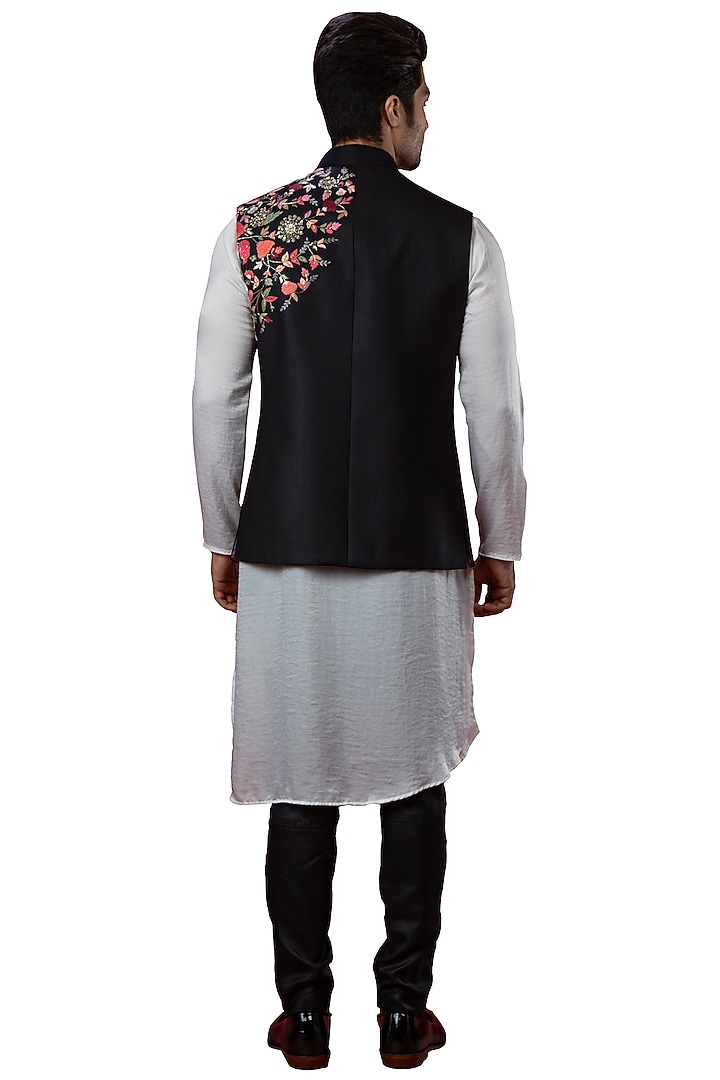Black Italian Suiting & Suede Motifs Embroidered Nehru Jacket by YAJY By Aditya Jain at Pernia's Pop Up Shop