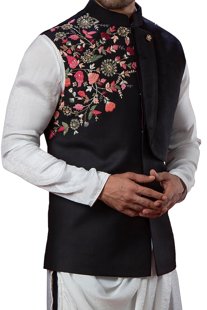 Black Italian Suiting & Suede Motifs Embroidered Nehru Jacket by YAJY By Aditya Jain at Pernia's Pop Up Shop