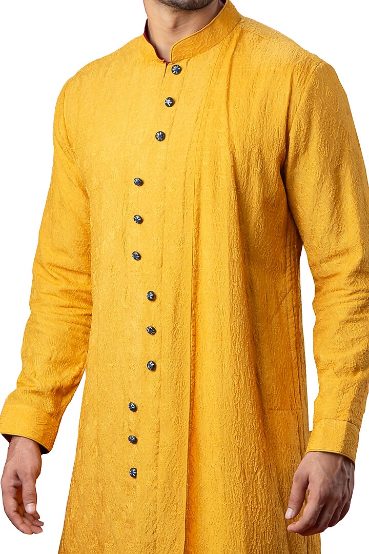 Yellow Silk Embroidered Kurta by YAJY By Aditya Jain at Pernia's Pop Up Shop