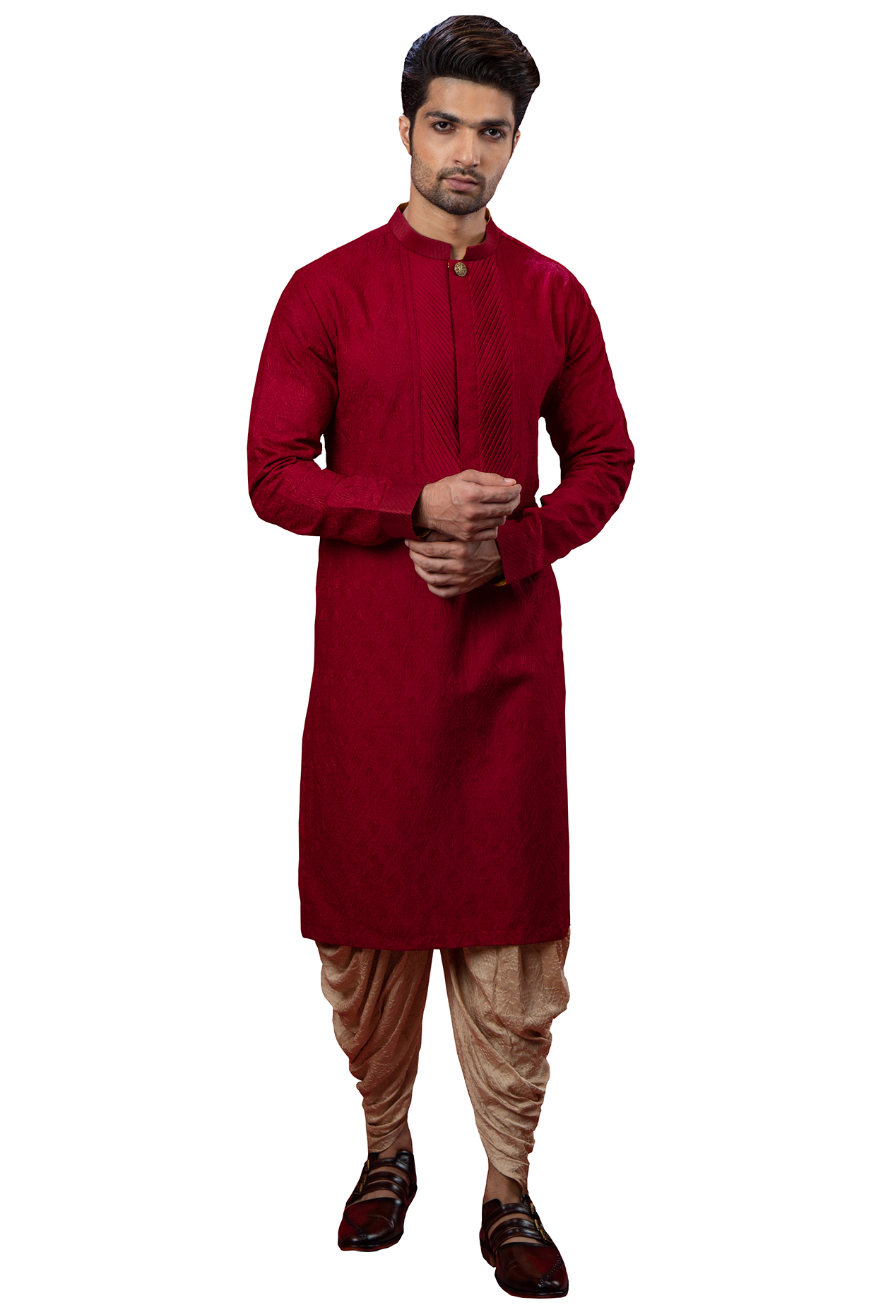Red Self Embroidered Kurta by YAJY By Aditya Jain at Pernia's Pop Up Shop