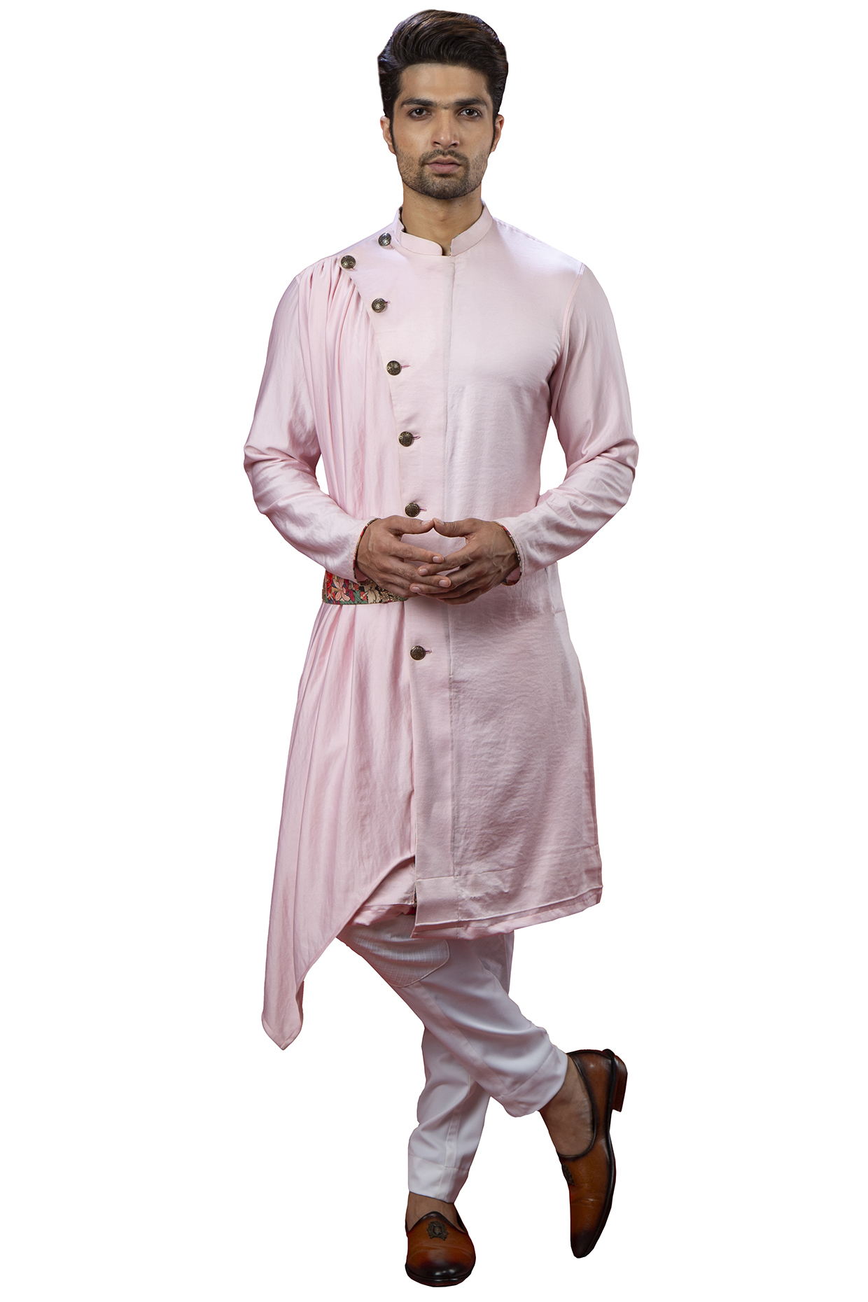 Pink Asymmetric Kurta With Printed Belt by YAJY By Aditya Jain at Pernia's Pop Up Shop