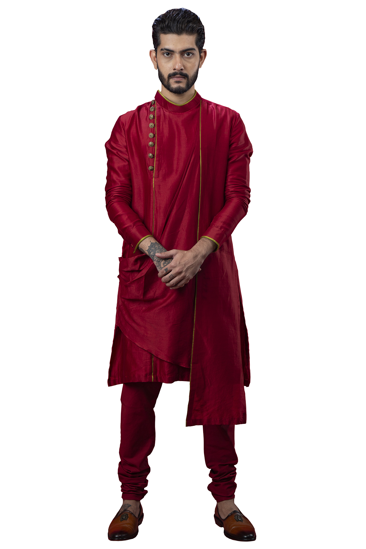 Red Asymmetric Cowl Kurta by YAJY By Aditya Jain at Pernia's Pop Up Shop