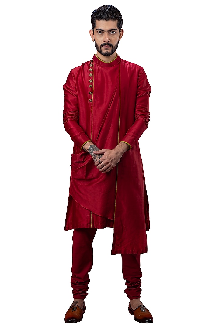 Red Asymmetric Cowl Kurta by YAJY By Aditya Jain at Pernia's Pop Up Shop