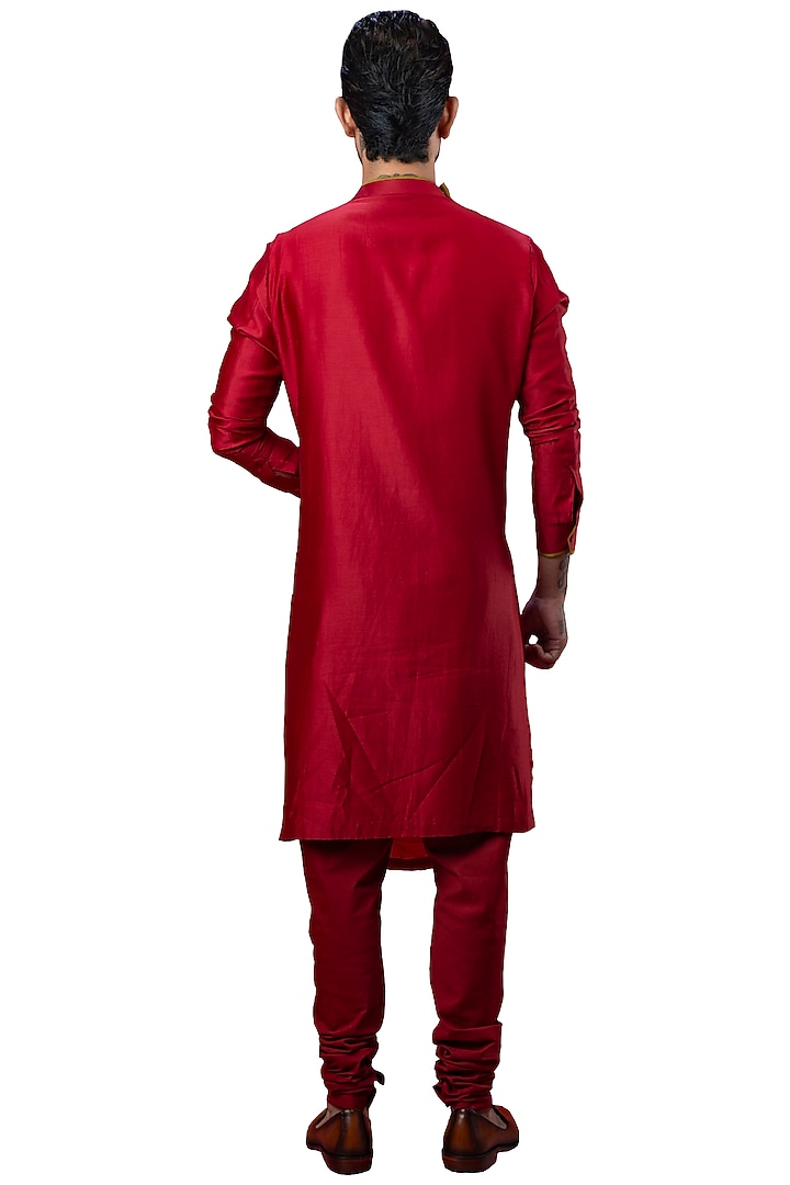 Red Asymmetric Cowl Kurta by YAJY By Aditya Jain at Pernia's Pop Up Shop