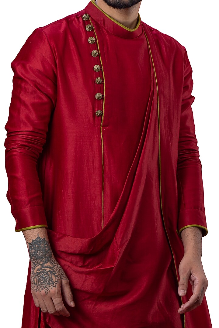 Red Asymmetric Cowl Kurta by YAJY By Aditya Jain at Pernia's Pop Up Shop