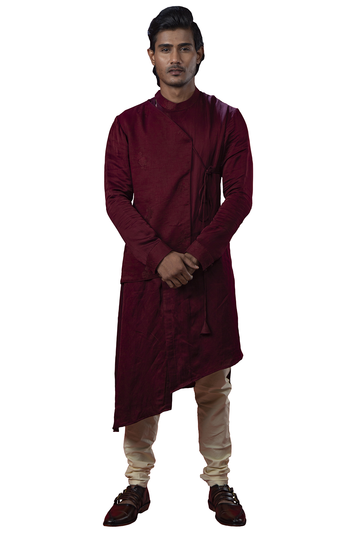 Wine Red Embroidered Asymmetric Kurta by YAJY By Aditya Jain at Pernia's Pop Up Shop