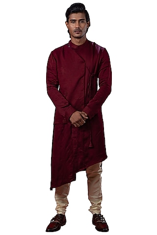 Wine Red Embroidered Asymmetric Kurta by YAJY By Aditya Jain